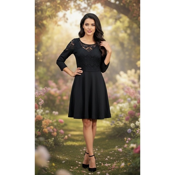 Lilly Pulitzer Dresses & Skirts - Lilly Pulitzer Black Lace Crochet Long Sleeve Dress Women's M Bodice‎ Fit Flare